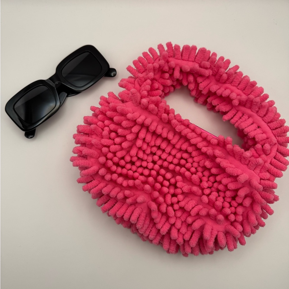 Hot Pink Plush Chenille Mini Bag Zipper Pouch Clutch